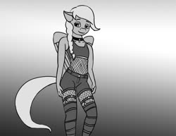 Size: 1280x989 | Tagged: safe, artist:warskunk, oc, oc only, oc:windswept skies, pegasus, anthro, bedroom eyes, belly button, black and white, braid, charm, clothes, collar, crossdressing, femboy, fishnet clothing, fishnet stockings, gradient background, grayscale, looking at you, male, monochrome, raffle prize, short shirt, shorts, solo, stockings, thigh highs