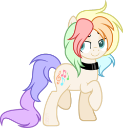 Size: 900x938 | Tagged: safe, artist:space-higanbana, oc, oc only, oc:rainbow remix, earth pony, pony, choker, female, looking at you, mare, not rainbow dash, raised hoof, show accurate, simple background, solo, transparent background