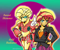 Size: 1296x1080 | Tagged: safe, artist:ponime11, sunset shimmer, anthro, equestria girls, g4, crossover, female, gold experience, jojo's bizarre adventure, solo, stand