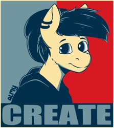 Size: 1070x1200 | Tagged: safe, artist:almond evergrow, oc, oc:almond evergrow, earth pony, pony, beanie, clothes, ear piercing, hat, hoodie, looking at camera, looking at you, male, parody, piercing, poster, propaganda, propaganda parody, propaganda poster, propaganda posters, stallion