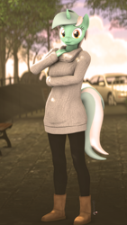 Size: 1080x1920 | Tagged: safe, artist:spinostud, lyra heartstrings, unicorn, anthro, plantigrade anthro, g4, 3d, boots, car, clothes, looking at you, park, shoes, source filmmaker, sweater