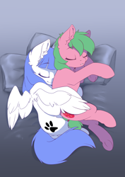 Size: 2480x3508 | Tagged: safe, artist:arctic-fox, oc, oc:pine berry, oc:snow pup, earth pony, pegasus, pony, bed, cuddling, cute, female, high res, mare, pillow, sleeping, spooning, spread wings, wing blanket, wings