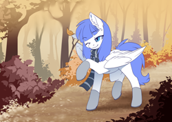 Size: 3508x2480 | Tagged: safe, artist:arctic-fox, oc, oc only, oc:snow pup, pegasus, pony, autumn, boots, clothes, high res, leaf, leaves, one eye closed, scarf, scenery, shoes, smiling, solo, walking