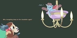 Size: 4800x2400 | Tagged: safe, artist:gd_inuk, ocellus, yona, changedling, changeling, yak, g4, bow, chandelier, concerned, dialogue, duo, green background, hair bow, high res, hoof pointing, lighting, monkey swings, one eye closed, simple background, sleepy, story included, tired, wings