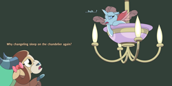 Size: 4800x2400 | Tagged: safe, artist:gd_inuk, ocellus, yona, changedling, changeling, yak, g4, bow, chandelier, concerned, dialogue, duo, female, green background, hair bow, high res, hoof pointing, lighting, monkey swings, one eye closed, simple background, sleepy, story included, tired, wings