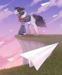 Size: 3299x4000 | Tagged: safe, artist:djkaskan, pony, clothes, paper airplane, scarf, singing, sunset
