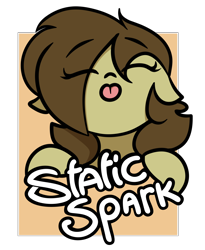Size: 3000x3666 | Tagged: safe, artist:biepbot, oc, oc only, oc:static spark, pegasus, pony, :p, badge, cute, eyes closed, female, female oc, high res, mare, pegasus oc, pony oc, solo, tongue out