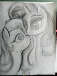 Size: 3120x4160 | Tagged: safe, artist:riskypony, fluttershy, rarity, g4, female, imminent kissing, lesbian, ship:flarity, shipping, traditional art