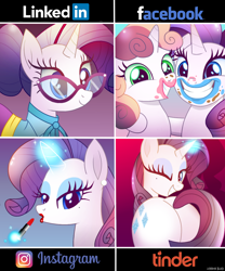 Size: 1000x1200 | Tagged: safe, artist:lennonblack, rarity, sweetie belle, pony, unicorn, g4, butt, dolly parton challenge, duo, ear piercing, earring, facebook, female, filly, glasses, instagram, jewelry, linkedin, lipstick, looking at you, looking back, looking back at you, makeup, mare, meme, one eye closed, piercing, plot, rearity, red lipstick, siblings, sisters, tinder, wink