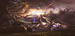 Size: 5229x2528 | Tagged: safe, artist:coldrivez, barely pony related, cloud, cloudy, epic, fight, helicopter, red alert, sun, tank (vehicle), war