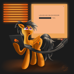 Size: 2300x2300 | Tagged: safe, artist:jphyperx, oc, oc only, oc:cloud flare, pegasus, pony, computer, cutie mark, female, hack, hacker, high res, laptop computer, looking up, mare, open mouth, science fiction, solo, technology