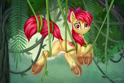 Size: 3000x2000 | Tagged: safe, artist:setharu, apple bloom, earth pony, pony, g4, growing up is hard to do, bloom butt, blushing, bondage, butt, cutie mark, dirty hooves, dock, eye clipping through hair, female, frog (hoof), high res, looking at you, looking back, looking back at you, mare, messy mane, mud, older, older apple bloom, plot, raised tail, scene interpretation, solo, suspended, tail, tangled up, tree, underhoof, vine