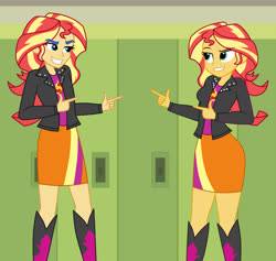 Size: 1900x1800 | Tagged: safe, artist:mashoart, flash sentry, sunset shimmer, equestria girls, g4, boots, clothes, clothes swap, crossdressing, finger gun, finger guns, grin, high heel boots, jacket, leather, leather jacket, looking at each other, matching outfits, miniskirt, shoes, skirt, smiling