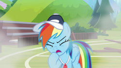 Size: 1920x1080 | Tagged: safe, screencap, rainbow dash, pegasus, pony, 2 4 6 greaaat, g4, coach rainbow dash, coughing, eyes closed, female, hat, mare, open mouth, raised hoof, smoke, solo