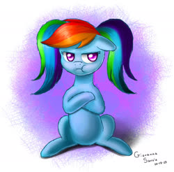 Size: 1748x1723 | Tagged: safe, artist:giovanna-71, rainbow dash, pegasus, pony, g4, :t, alternate hairstyle, crossed arms, cute, dashabetes, female, grumpy, grumpy dash, mare, pigtails, pouting, puffy cheeks, sitting, solo