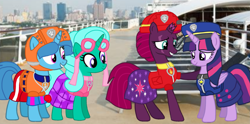 Size: 2035x1013 | Tagged: safe, artist:徐詩珮, fizzlepop berrytwist, glitter drops, spring rain, tempest shadow, twilight sparkle, alicorn, pony, unicorn, series:sprglitemplight diary, series:sprglitemplight life jacket days, series:springshadowdrops diary, series:springshadowdrops life jacket days, g4, alternate universe, bisexual, broken horn, clothes, cute, equestria girls outfit, female, glitterbetes, horn, lesbian, lifeguard spring rain, paw patrol, polyamory, ship:glitterlight, ship:glittershadow, ship:sprglitemplight, ship:springdrops, ship:springlight, ship:springshadow, ship:springshadowdrops, ship:tempestlight, shipping, springbetes, tempestbetes, twilight sparkle (alicorn)