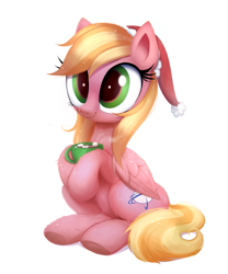 Size: 1213x1455 | Tagged: safe, alternate version, artist:confetticakez, part of a set, oc, oc only, oc:jet setter, pegasus, pony, chocolate, christmas, commission, cute, female, folded wings, food, hat, holiday, hot chocolate, mare, mug, santa hat, simple background, sitting, solo, white background, wings, ych result