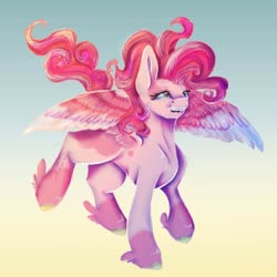 Size: 894x894 | Tagged: safe, artist:the_golden_harlow, pinkie pie, pegasus, pony, g4, female, flying, g5 concept leak style, g5 concept leaks, hooves, mare, pegasus pinkie pie, pinkie pie (g5 concept leak), race swap, simple background, solo, wings
