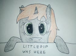 Size: 2448x1827 | Tagged: safe, artist:überreaktor, oc, oc only, oc:littlepip, pony, unicorn, fallout equestria, fanfic, fanfic art, female, hooves, horn, kilroy, kilroy was here, looking at you, mare, solo, text, traditional art