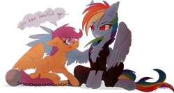 Size: 1024x549 | Tagged: safe, artist:spectrasus, rainbow dash, scootaloo, pegasus, pony, fanfic:rainbow factory, g4, chains, fanfic art, female, mare, prisoner rd, smiling, wings
