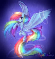 Size: 1920x2090 | Tagged: safe, artist:spectrasus, rainbow dash, pegasus, pony, g4, deviantart watermark, female, flying, long mane, long tail, mare, obtrusive watermark, smiling, solo, watermark, wings
