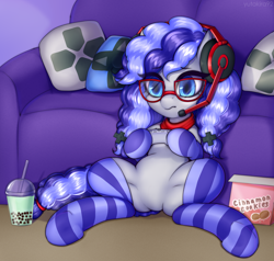 Size: 3000x2850 | Tagged: safe, alternate version, artist:yutakira92, oc, oc only, oc:cinnabyte, earth pony, pony, g4, cinnabetes, clothes, controller, couch, curly mane, cute, featureless crotch, female, gaming, glasses, headphones, high res, mare, meganekko, ocbetes, pillow, sfw version, socks, solo, striped socks, ych result