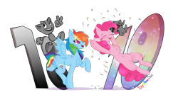 Size: 1024x576 | Tagged: safe, artist:spectrasus, pinkie pie, rainbow dash, earth pony, pegasus, pony, g4, celebration, confetti, female, happy, mare, smiling, wings