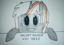 Size: 2448x1743 | Tagged: safe, artist:überreaktor, oc, oc only, oc:velvet remedy, pony, unicorn, fallout equestria, hooves, kilroy, kilroy was here, solo, text, traditional art