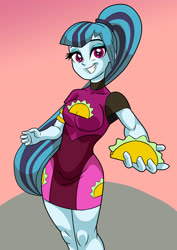 Size: 2480x3508 | Tagged: safe, artist:art-2u, sonata dusk, equestria girls, equestria girls series, g4, sunset's backstage pass!, spoiler:eqg series (season 2), clothes, commission, commissioner:someguy845, cute, dress, female, food, high res, legs, looking at you, minidress, offering, ponytail, smiling, solo, sonatabetes, taco, taco dress, that girl sure loves tacos
