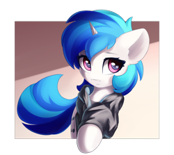 Size: 4700x4200 | Tagged: safe, artist:ifmsoul, dj pon-3, vinyl scratch, pony, unicorn, g4, abstract background, absurd resolution, bust, clothes, cute, ear fluff, female, hoodie, mare, solo, vinylbetes