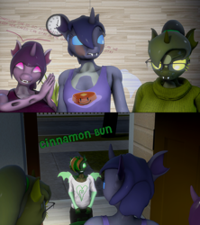 Size: 1920x2163 | Tagged: safe, artist:donglysfm, oc, oc:cinnamon bun (changeling), oc:french toast (changeling), oc:pancake (changeling), oc:waffles (changeling), changeling, anthro, plantigrade anthro, series:a new roomie, 3d, blue changeling, breasts, busty changeling, changeling oc, clothes, cuteling, door, doorbell, glasses, green changeling, purple changeling, source filmmaker, story included, sweater, yellow changeling