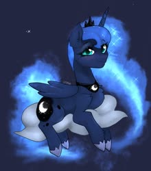 Size: 1536x1742 | Tagged: safe, artist:siripim111, princess luna, alicorn, pony, g4, blue background, chest fluff, cloud, cute, ear fluff, ethereal mane, female, leg fluff, looking at you, lunabetes, mare, on a cloud, prone, simple background, solo