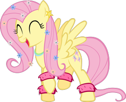 Size: 4832x3907 | Tagged: safe, artist:ironm17, fluttershy, pegasus, pony, g4, ^^, excited, eyes closed, female, flower, flower in hair, happy, jewelry, necklace, simple background, solo, spread wings, transparent background, vector, wings, wristband