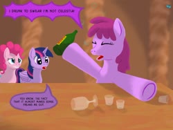 Size: 900x675 | Tagged: safe, artist:quint-t-w, berry punch, berryshine, pinkie pie, twilight sparkle, alicorn, earth pony, pony, g4, bottle, bubble, concerned, dialogue, drunk, drunk bubbles, glass, old art, shot glass, table, twilight sparkle (alicorn), underhoof, wine glass