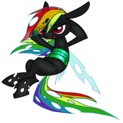 Size: 420x420 | Tagged: safe, rainbow dash, changeling, g4, changelingified, crossed legs, dashling, female, half changeling, hooves behind head, simple background, solo, species swap, transparent background