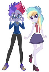 Size: 1280x1868 | Tagged: safe, artist:gihhbloonde, artist:princess-kitsune-tsu, oc, oc only, oc:pastel aerosol, oc:ultraviolet ray, icey-verse, equestria girls, g4, base used, boots, clothes, commission, duo, ear piercing, earring, equestria girls-ified, female, glasses, high heel boots, high heels, hoodie, jeans, jewelry, lip piercing, magical lesbian spawn, male, miniskirt, multicolored hair, offspring, pants, parent:oc:elizabat stormfeather, parent:tempest shadow, parents:canon x oc, parents:stormshadow, piercing, shirt, shoes, simple background, skirt, transparent background, vest