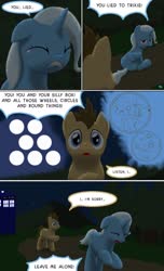 Size: 1000x1650 | Tagged: safe, artist:quint-t-w, doctor whooves, time turner, trixie, earth pony, pony, unicorn, g4, comic, crossover, crying, dialogue, doctor who, gallifreyan, old art, running, sitting, tardis, the doctor, wheels trixie, yelling