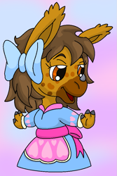 Size: 593x888 | Tagged: safe, artist:chili19, oc, oc only, oc:netyna, anthro, abstract background, bow, chibi, clothes, dress, frilly dress, hair bow