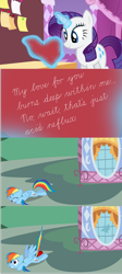 Size: 1636x3664 | Tagged: safe, artist:byteslice, rainbow dash, rarity, pegasus, pony, unicorn, g4, broken window, didn't see that comin', handwriting, heart, hearts and hooves day, joke, laughing, shocked, shocked expression, window