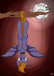 Size: 1280x1802 | Tagged: safe, artist:appleneedle, oc, oc only, bat pony, pony, commission, hanging, looking at you, moon, night, smiling, solo, tree branch, upside down