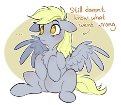 Size: 2309x2000 | Tagged: safe, artist:trickate, derpy hooves, pegasus, pony, rcf community, g4, ..., chest fluff, confused, cute, derpabetes, female, floppy ears, frown, high res, hooves to the chest, i just don't know what went wrong, mare, no pupils, outline, sitting, sketch, solo, truth