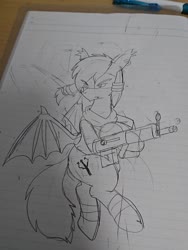 Size: 1080x1440 | Tagged: safe, artist:omegapony16, oc, oc only, oc:oriponi, bat pony, pony, bat pony oc, clothes, frown, gun, irl, lineart, lined paper, male, photo, scarf, solo, stallion, traditional art, weapon