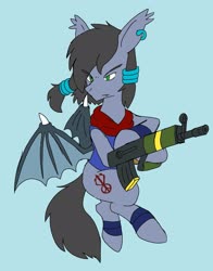 Size: 1603x2048 | Tagged: safe, alternate version, artist:omegapony16, oc, oc only, oc:oriponi, bat pony, pony, bat pony oc, clothes, colored, ear piercing, earring, gun, jewelry, male, piercing, scarf, simple background, solo, stallion, weapon