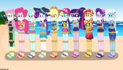 Size: 1183x676 | Tagged: safe, artist:robukun, applejack, fluttershy, lyra heartstrings, pinkie pie, rainbow dash, rarity, sci-twi, starlight glimmer, sunset shimmer, trixie, twilight sparkle, equestria girls, beach, bondage, bound and gagged, cap, cloth gag, clothes, feet, flip-flops, gag, hat, help us, humane five, humane seven, humane six, lyra heartstrings swimsuit, rainbond dash, rope, rope bondage, sandals, sarong, sun hat, swimsuit, tied up, wetsuit