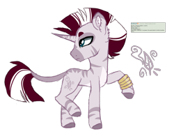 Size: 2298x1762 | Tagged: safe, artist:koloredkat, oc, oc only, hybrid, pony, unicorn, zebra, zony, bracelet, colored hooves, horn, jewelry, leonine tail, looking back, magical lesbian spawn, male, offspring, parent:tempest shadow, parent:zecora, raised hoof, reference sheet, simple background, stallion, transparent background, unicorn oc, zebra oc, zony oc