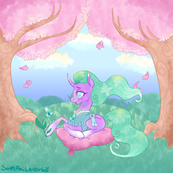 Size: 2000x2000 | Tagged: safe, artist:sampailoverboy, mistmane, pony, unicorn, g4, curved horn, digital art, female, flower, high res, horn, leaves, pillow, prone, signature, smiling, solo, tree
