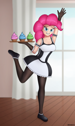 Size: 1656x2797 | Tagged: safe, artist:irisarco, pinkie pie, human, g4, bedroom eyes, breasts, busty pinkie pie, cleavage, clothes, cupcake, curtains, cute, dress, female, food, gloves, humanized, looking at you, maid, miniskirt, pantyhose, room, shoes, skirt, smiling, socks, solo, standing, standing on one leg, thigh highs, tray, window