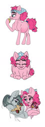 Size: 600x1658 | Tagged: safe, artist:celestial-rainstorm, marble pie, pinkie pie, oc, oc:cherry chimichanga, oc:confetti cake, earth pony, pony, g4, baby, baby pony, belly, big belly, cute, eating, female, filly, foal, food, mama pinkie, muffin, offspring, parent:cheese sandwich, parent:pinkie pie, parents:cheesepie, pie sisters, preggy pie, pregnant, siblings, sisters, tongue out, twins