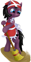 Size: 655x1280 | Tagged: safe, artist:ponyway, oc, oc only, oc:puffy, bat pony, pony, apron, bat pony oc, bipedal, broom, clothes, female, housewife, looking down, mare, missing wing, naked apron, simple background, smiling, solo, white background