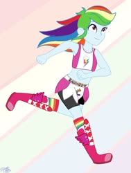 Size: 1536x2027 | Tagged: safe, artist:doodledraws00, rainbow dash, equestria girls, g4, armpits, boxing boots, boxing shoes, boxing skirt, clothes, cycling shorts, exeron fighters, exeron outfit, martial arts kids, martial arts kids outfits, socks, sports bra